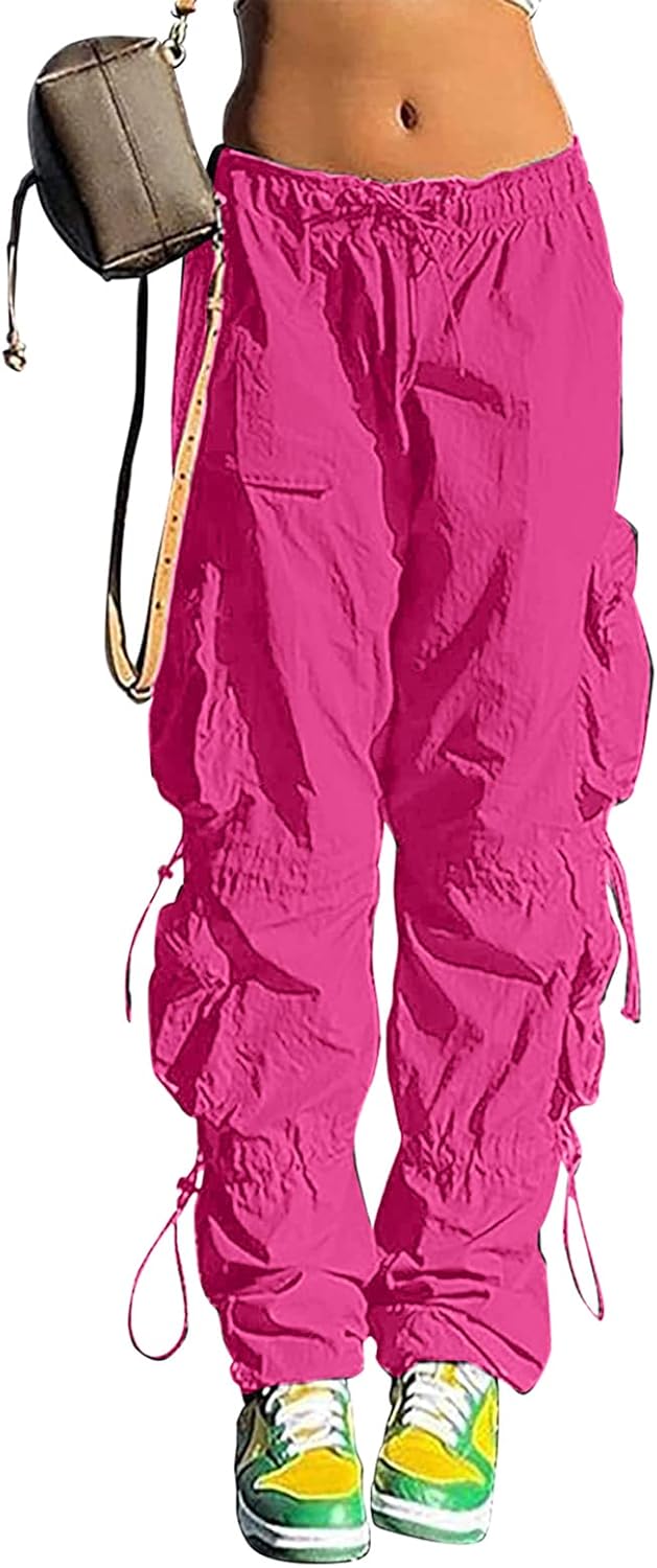 QYANGG Baggy Parachute Pants for Women& Girls Drawstring Elastic Low Waist Ruched Cargo Pants Multiple Pockets Jogger Y2K