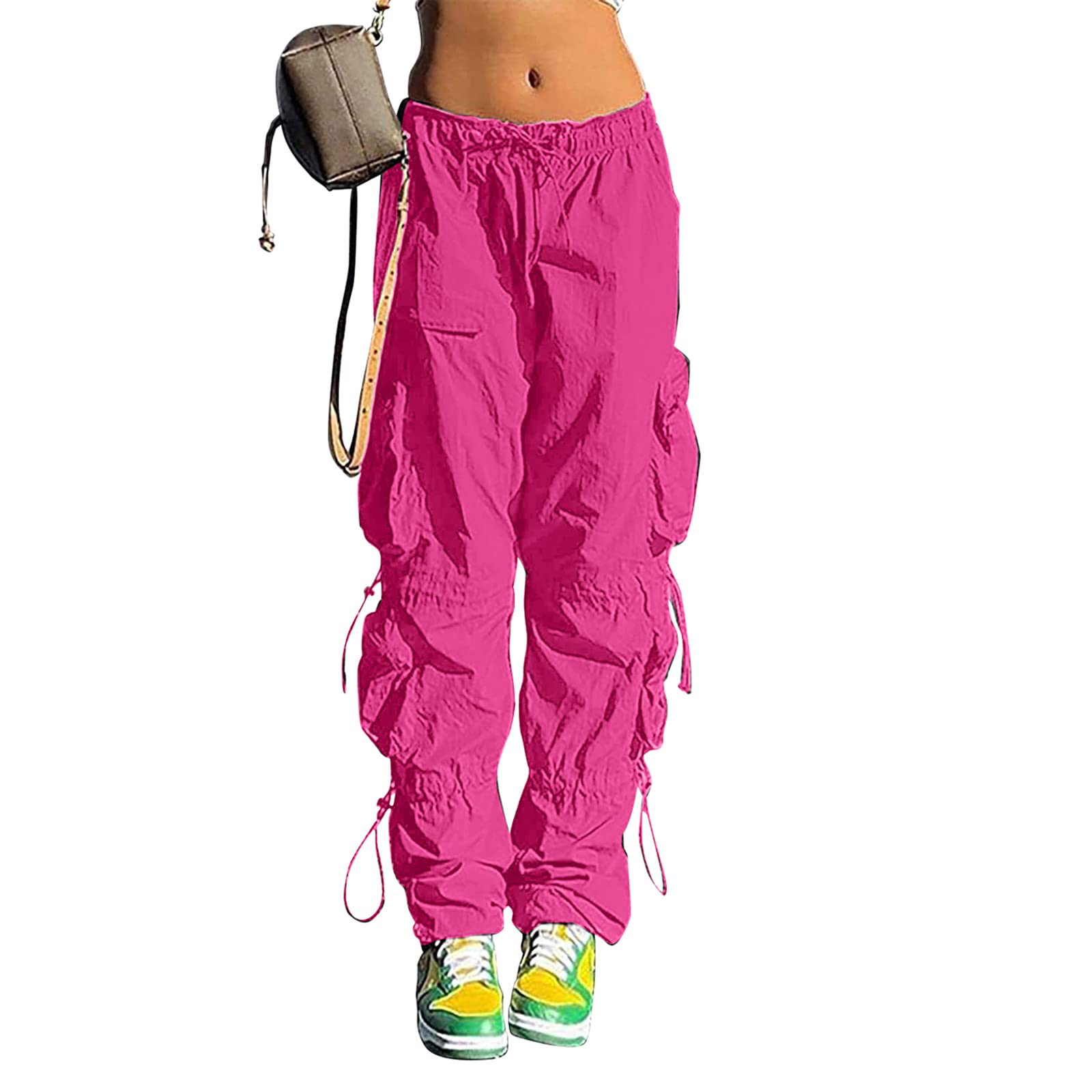QYANGG Baggy Parachute Pants for Women& Girls Drawstring Elastic Low Waist Ruched Cargo Pants Multiple Pockets Jogger Y2K