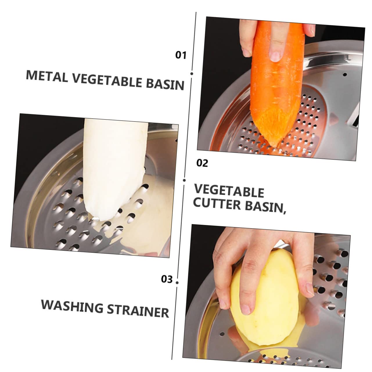 Colador de Verduras y Frutas de Acero Inoxidable 3 Piezas Diseño de Drenaje Adecuado para Cocina y Amasado Estilo Aleatorio