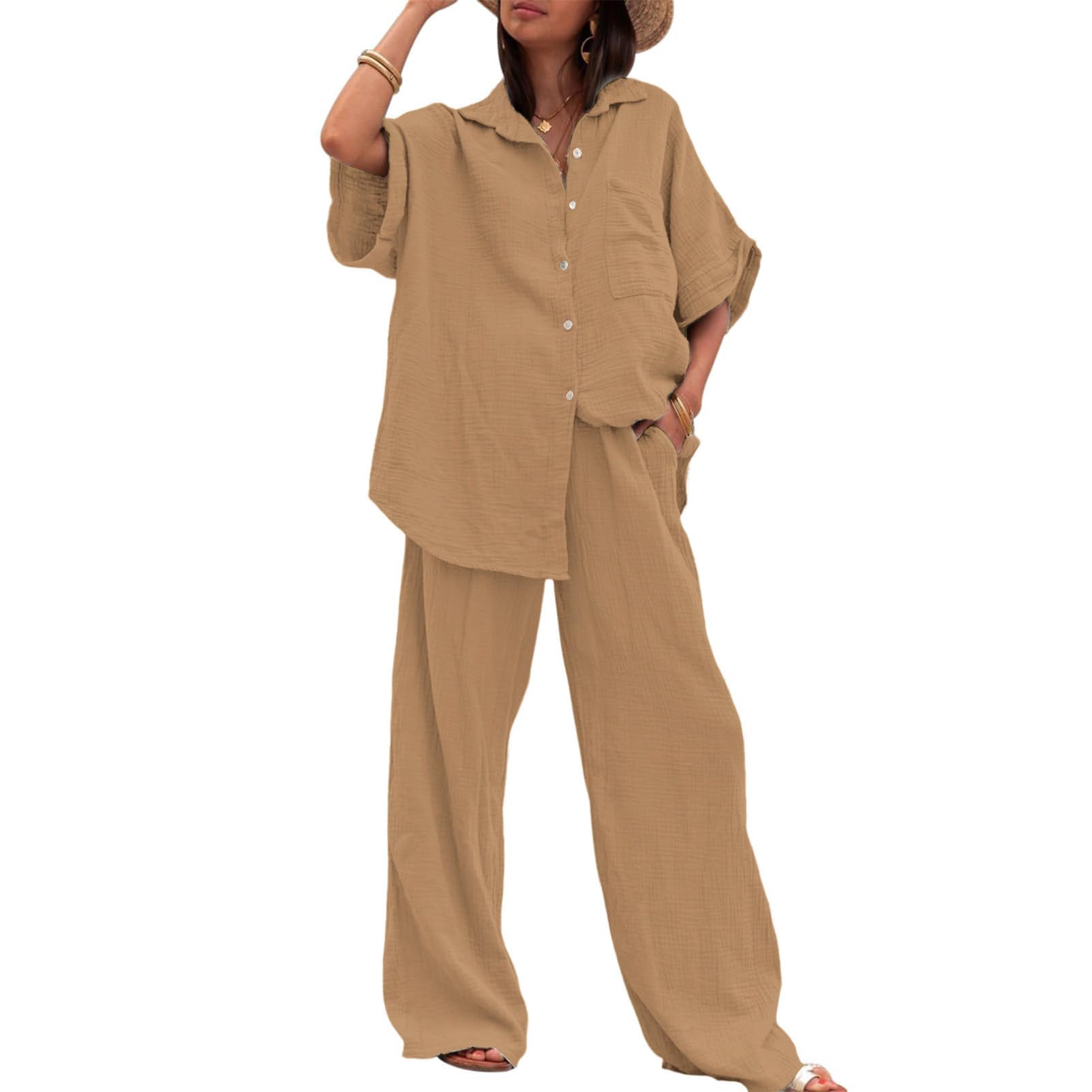 amropi Ensemble de Vêtements Femme Col en V Bouton Haut de Chemise Longues Pantalon Large Loungewear Set