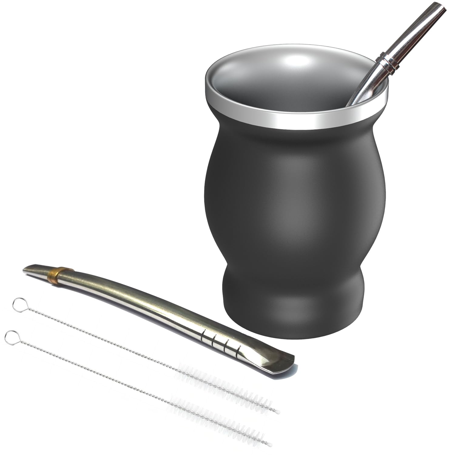 Beruth 8oz Yerba Mate Cup Set, Double Wall 304 Stainless Steel Mate Gourd, Heat Insulated Mug &amp; Anti-Scalding Design, Includes 2 Bombillas &amp; Cleaning Brush （Black）