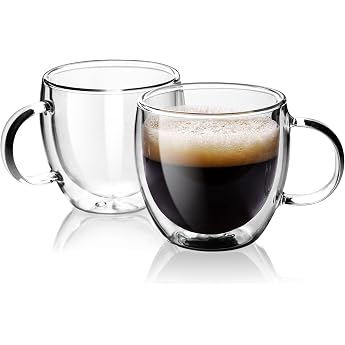 Double Wall Glass Espresso Cups 150ml Set of 2 Thermoinsulated Borosilicate Glass Cups with Handle