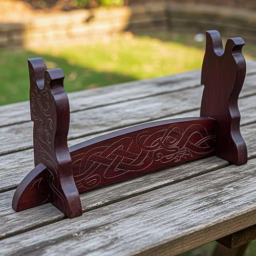 Miniatura 7 de Espada de un solo nivel hecha a mano de madera maciza auténtica, soporte para hacha con diseño de serpiente vikinga grabada, 17 x 8 pulgadas