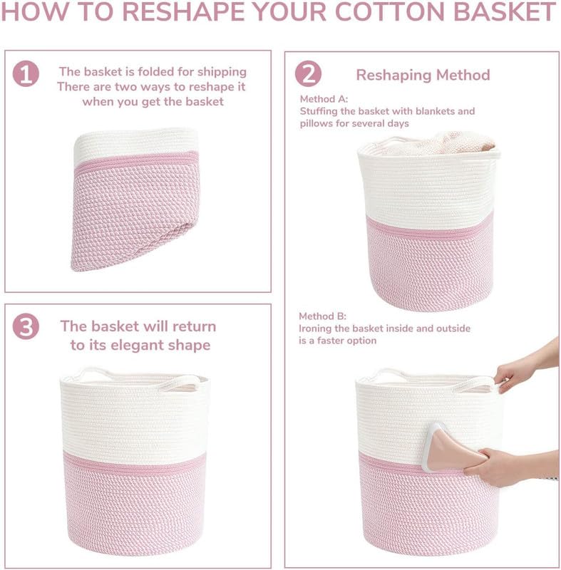 Image of Large Basket Natural Cotton Rope Storage Basket and Hamper for Cloths and Multi Usage in Living Room, Bedroom, Laundry Room (Size - 14 inch x 14 inch x 18 inch) (Pink Mix)