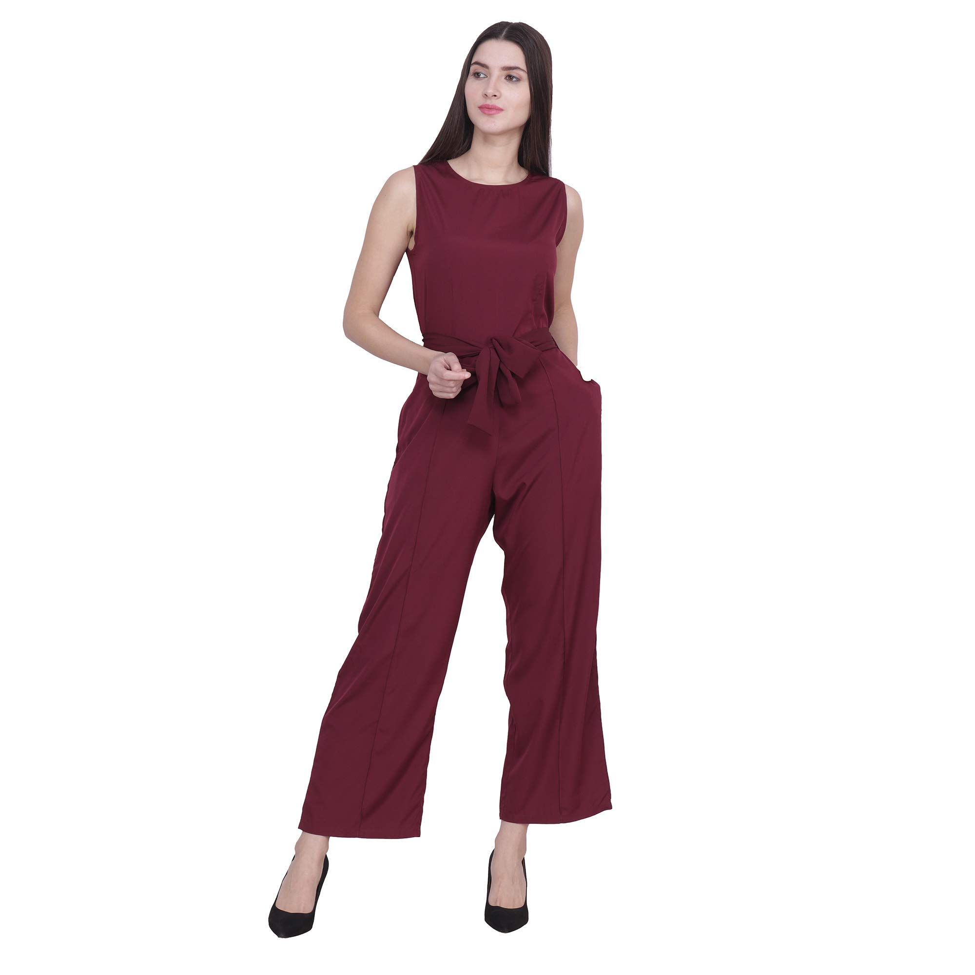 FREMPY Women's Solid Maroon Jumpsuit/ Round Neck Jumpsuit/ Zipper Jumpsuit/ Jumpsuit with Pocket