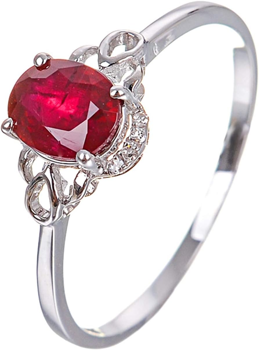 KnBob Women Hollow Oval Ruby Ring 18K White Gold Size R 1/2