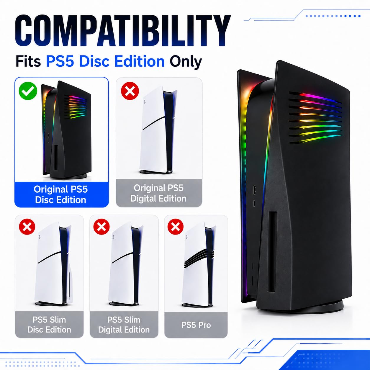 Piastra frontale per PS5 piastre laterali PlayStation 5 Disc Edition, accessorio di ricambio per console PlayStation 5 Disc Edition, copertura nera antigraffio e antipolvere (ventola quadrata nera con