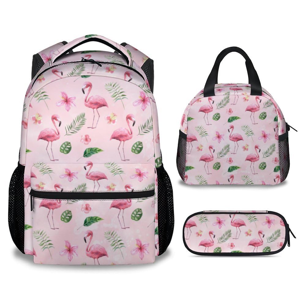 Girls Backpack with Lunch Box, Set of 3 Flamingo School Backpacks Matching Combo for Kids, Cute Pink Bookbag and Pencil Case Bundle