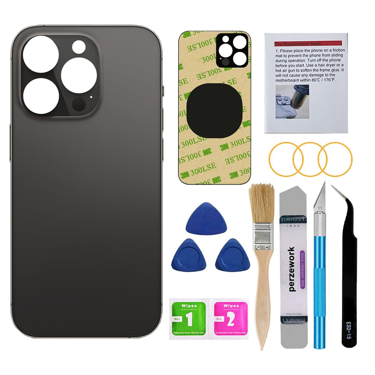 OEM Rear Back Glass Replacement for iPhone 14 Pro Max 6.7" (Space Black) with Repair Tool Kit and Pre-installed Glue