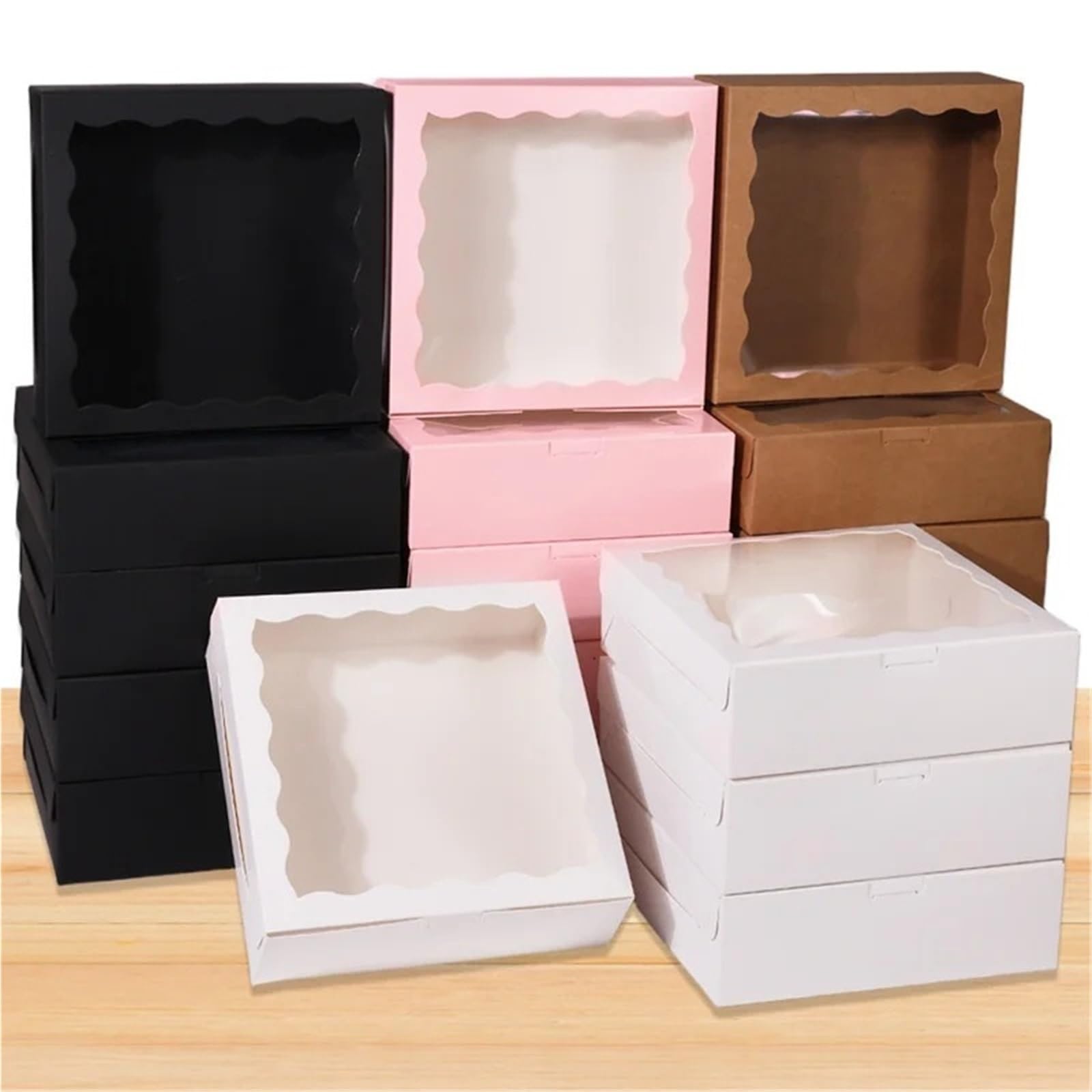 Caja Tarta de Cartón Con Ventana Transparente Caja de papel Kraft blanco for pastel, transparente con ventana, embalaje for almacenamiento rosquillas Chocolate, 10 Uds(Black)