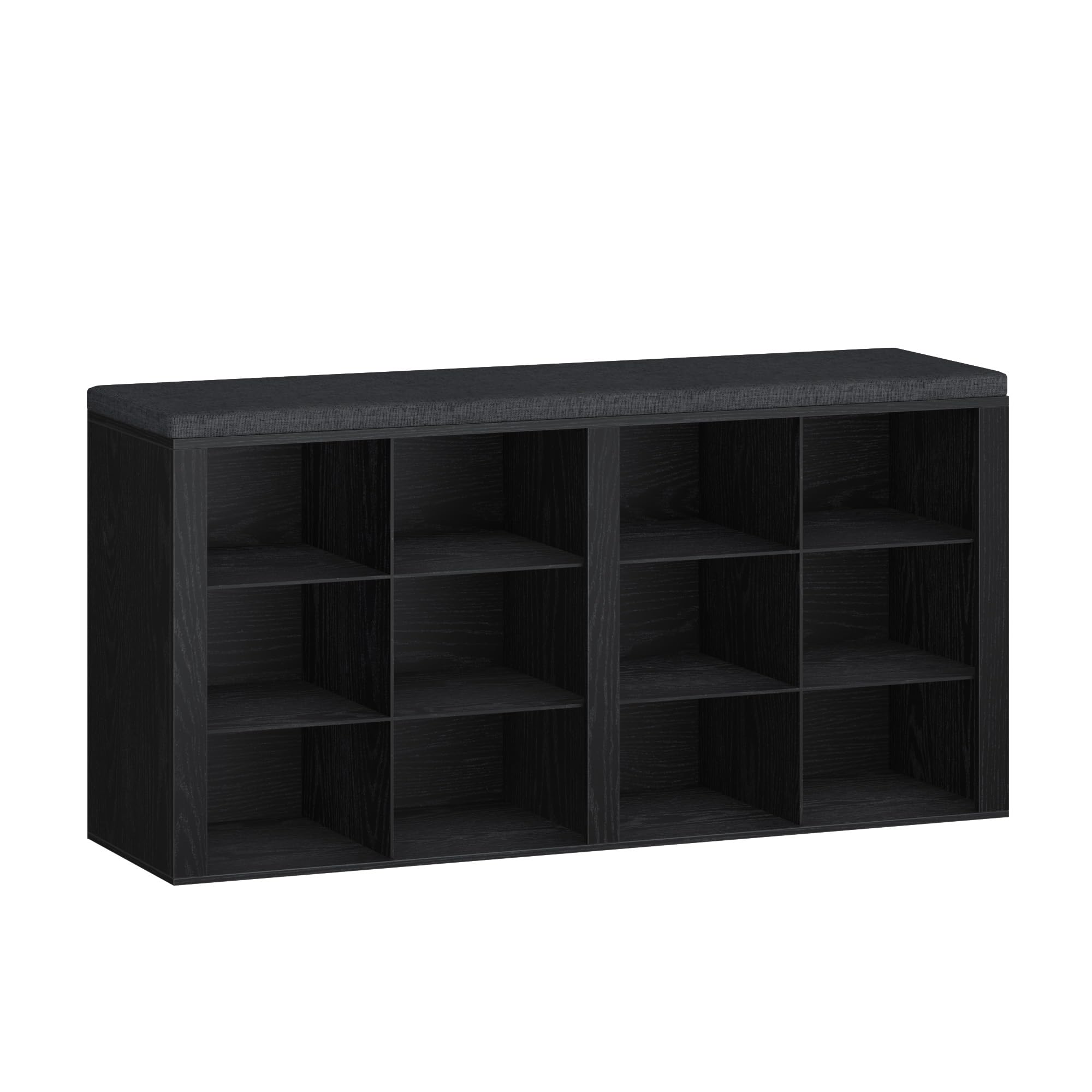 Hzuaneri Shoe Storage Bench with Padded Seat, Shoe Rack Bench with 12 Open Compartments, Adjustable Shelves, Shoes Cabinet with Cushion for Hallway, Living Room, Bedroom, Black, SB19004GY