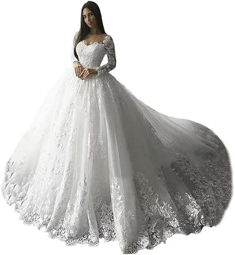 XYAYE Long Sleeve Wedding Dresses for Bride Lace Applique Modest Wedding Gowns with Train Bridal Dresses for Women