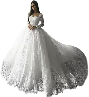 XYAYE Long Sleeve Wedding Dresses for Bride Lace Applique Modest Wedding Gowns with Train Bridal Dresses for Women