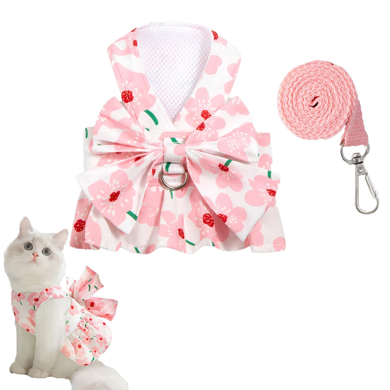 Ling & Bai Small Dog Harness Dress and Leash Set Cute Pet Bowknot Dresses Summer Cat Princess Clothes Outfits Accessories for Puppy Kitten (Pink