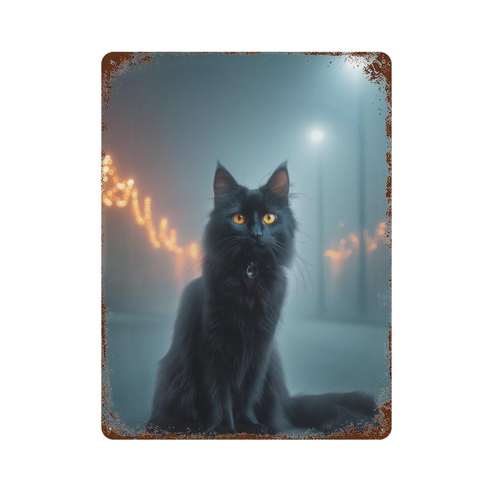 Rustic Tin Plaque Mystical Black Cat Night 15.7"x11.8", Vintage Wall Decor for Pub, Kitchen And Man Cave Decor