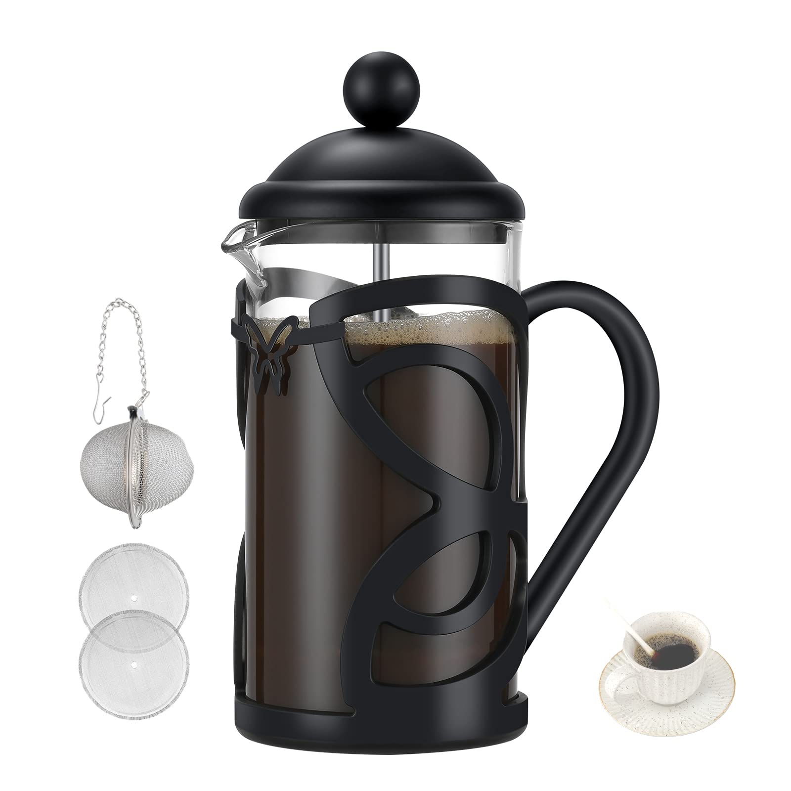 Meelio Black French Press Coffee Maker, Heat Resistant Borosilicate Glass Coffee Press with 1 Tea Strainer and 2 Extra Filter Screen, 12oz / 350ml