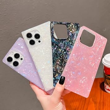 エレガント マザーオブパールパターン iPhone 15 Pro Max対応 スクエアエッジケース、スリムソフトTPUシリコン保護バンパーケースカバーパープルパール、15 Pro Max