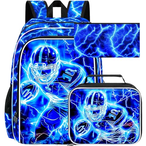 Image of 17 inch Football Backpack for Boy, 3Pcs Lightning Bookbag for Elementary Preschool Kindergarten, Kids School Backpacks with Lunch Box (Blue)