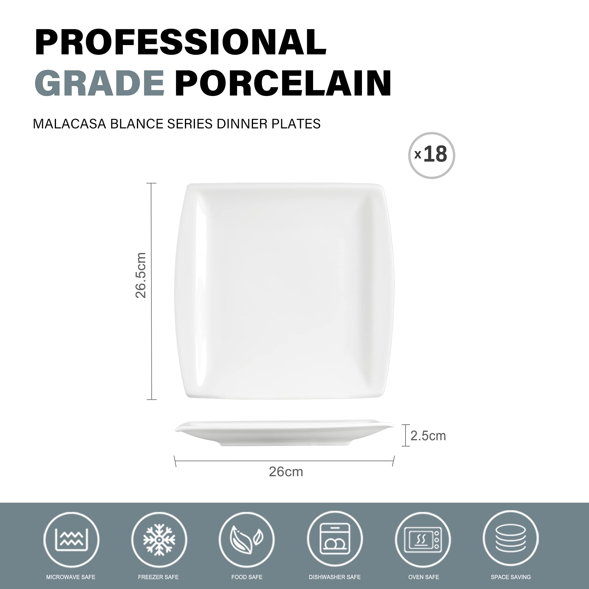MALACASA Série Blance Assiettes Plates Carrée en Porcelaine, 18 pièces Grande Assiettes pour Dîner, 26,5 cm, Assiettes Service de Table Blanche, Micro-Ondes et Lave-Vaisselle