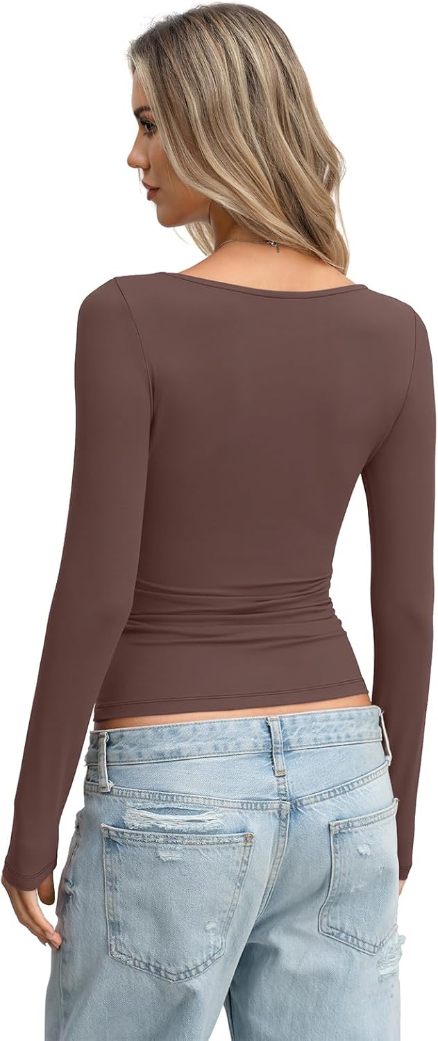 Womens Boat Neck Long Sleeve Shirts Slim Fitted Tops Casual Basic Tees Spring Fall Fashion Outfits Clothes - Image 6