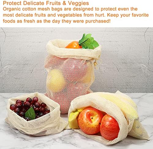 sourcing map Reusable Produce Bags 10Pcs, Cotton Mesh Bags with Drawstring, Shopping Grocery Bags for Fruits Food Vegetables-Beige