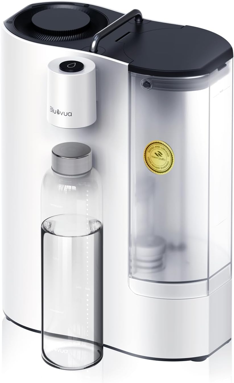 Bluevua RO100ROPOT-Travel Reverse Osmosis System Countertop Water Filter, Compact 6-Stage Filtration with UV, Includes Glass Bottle, Portable Water Purifier for Home & Travel, White product image