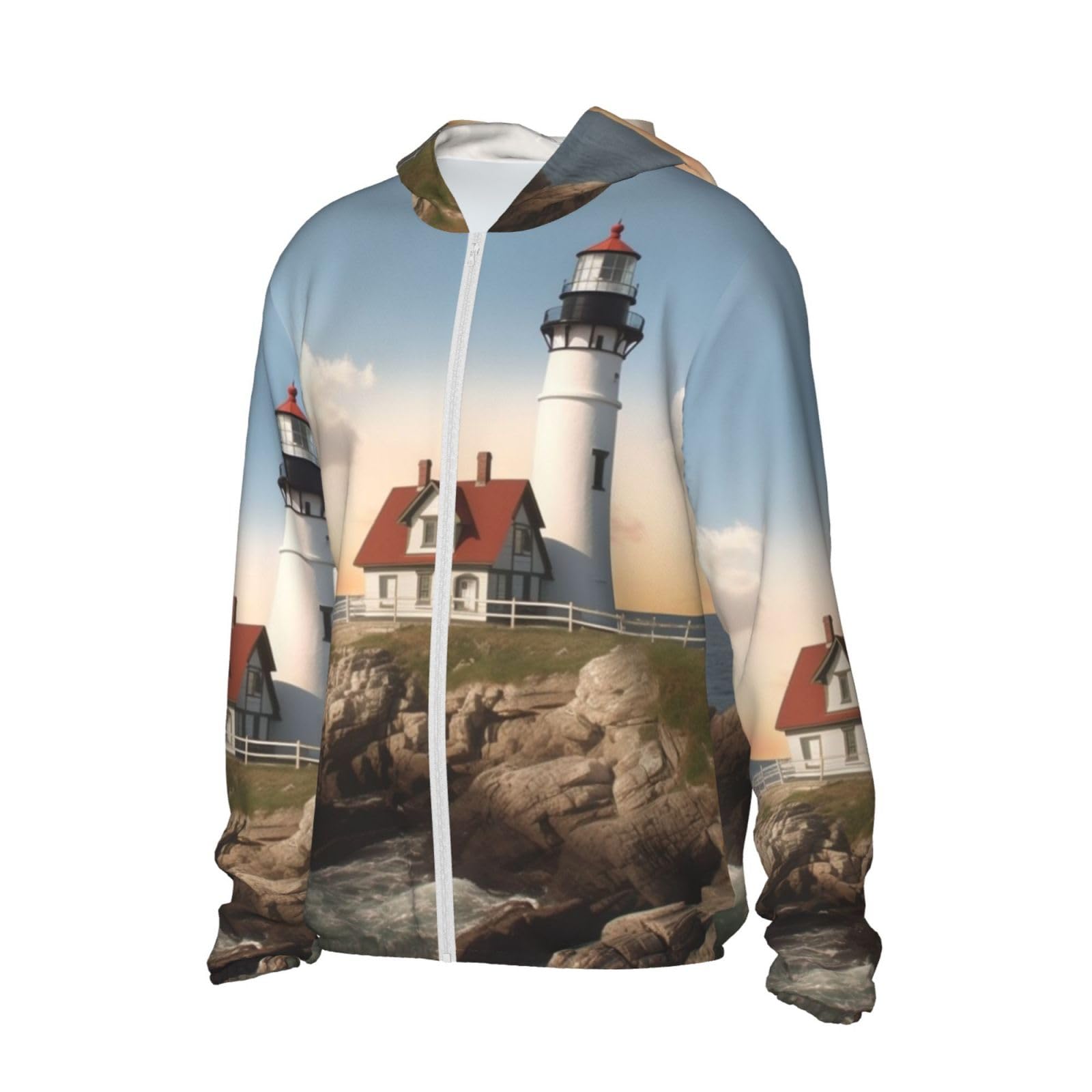 UPF 50+ Light Jacket Full Zip Sun Protection Hoodie for Women Men Long Sleeve Lighthouse Backdrop Sun Shirts Black