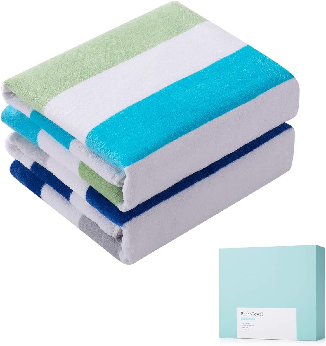 WIIKWEEK 100% Cotton Soft Beach Towel 30" X 60"- Oversized Lightweight Cabana Stripe Swim Towels, Quick Dry Pool Towels with High Absorbency (Blue and Grey/Green, 2)