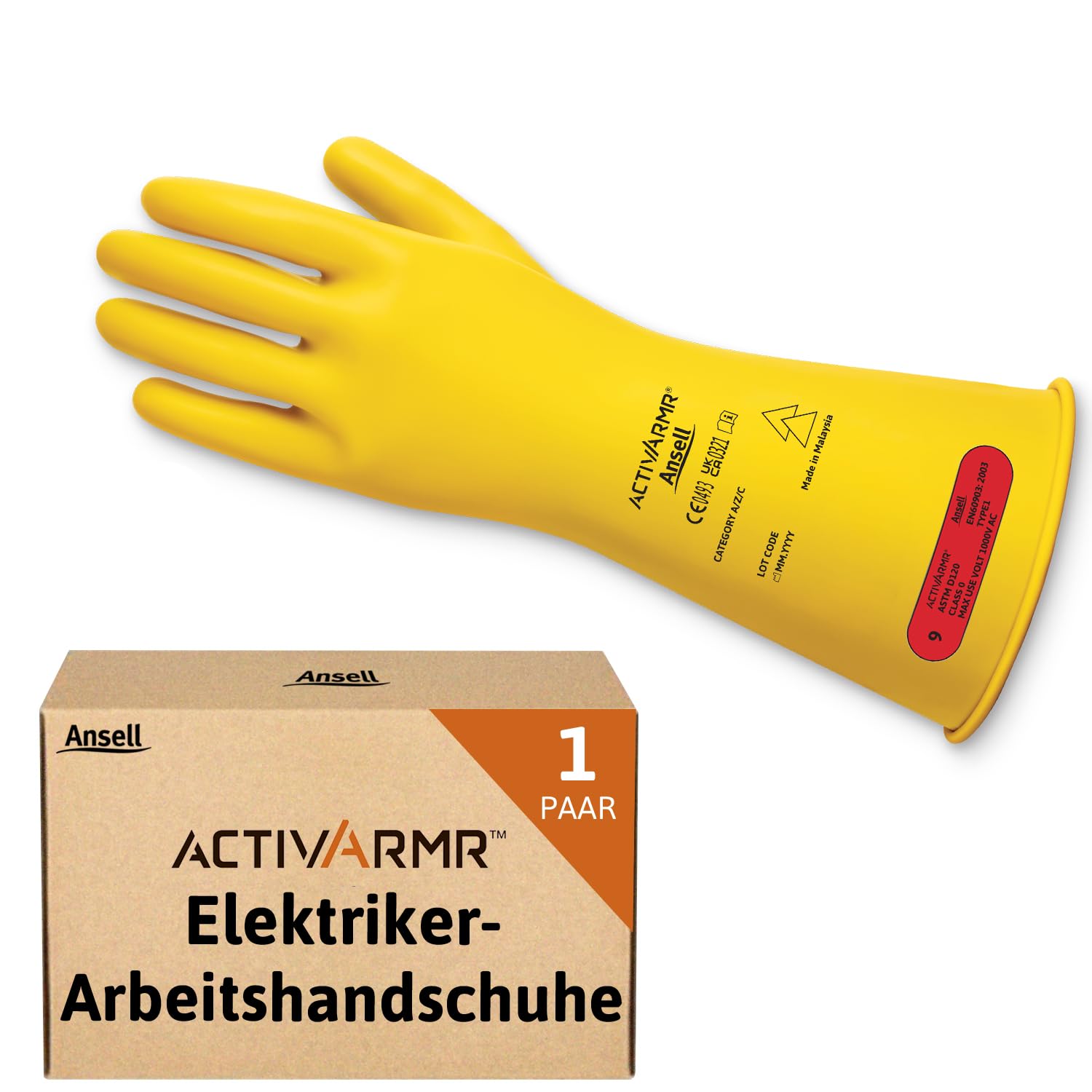 Ansell Elektriker-Schutzhandschuhe | Isolierhandschuhe aus Naturgummilatex, Klasse 0 (1000V), Gelb, 36 cm, Größe 2XL