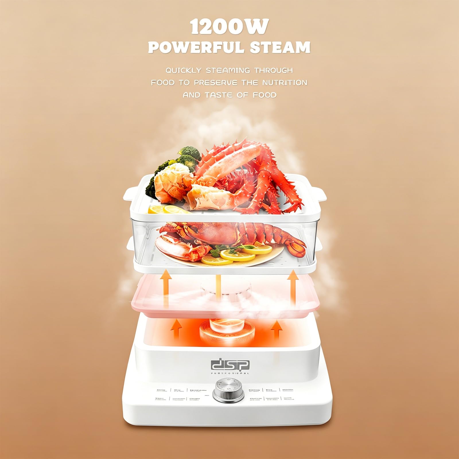 Vaporera Eléctrica de 3 Niveles con Perilla Temporizadora | Protección Contra el Funcionamiento en Seco, Vaporera de 1200 W con Conservación Automática del Calor, Verduras, Mariscos, Ar