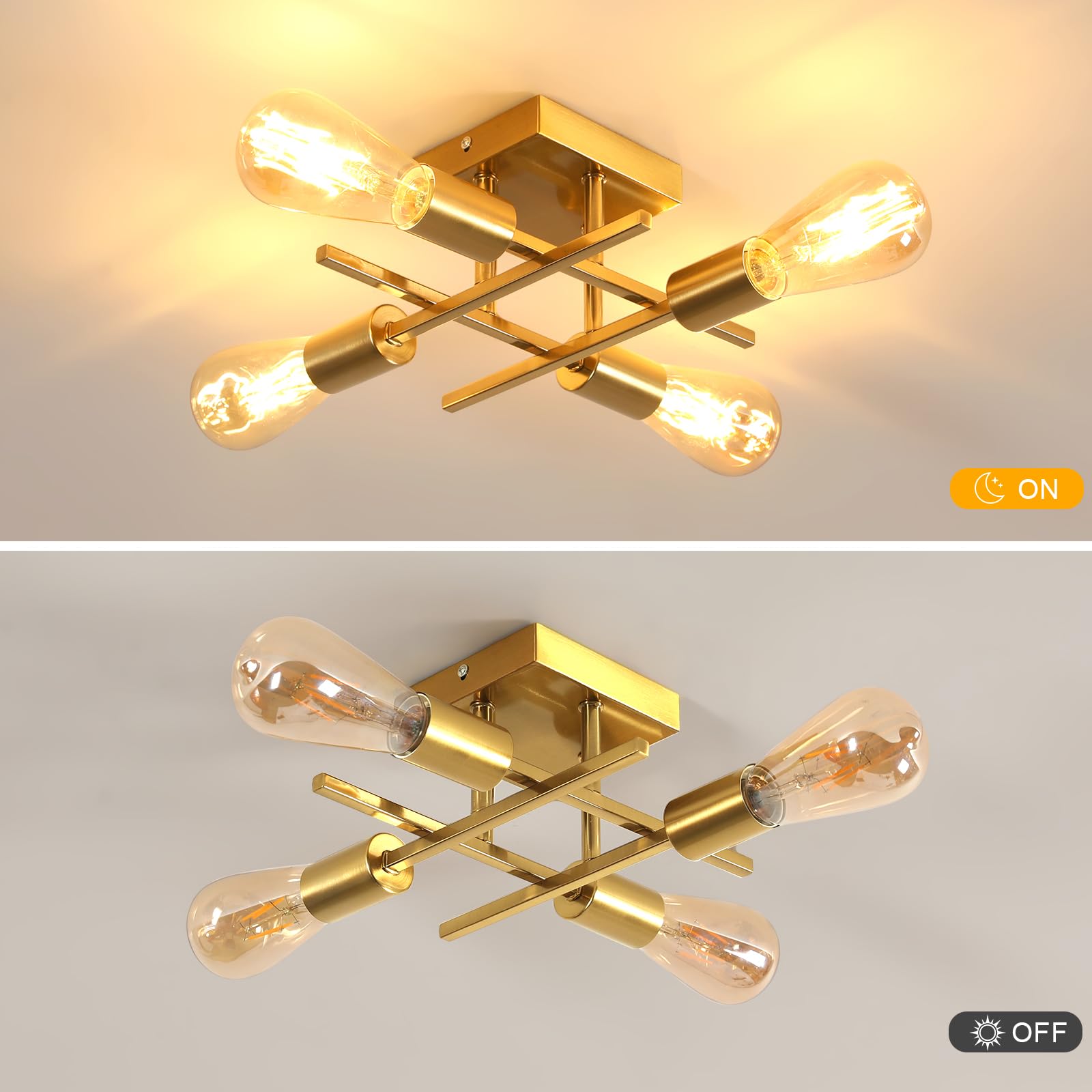 Pheashine Gold Flush Mount Ceiling Light Fixture, 4-Light Industrial Ceiling Light with E27 Bulb Base - Image 4