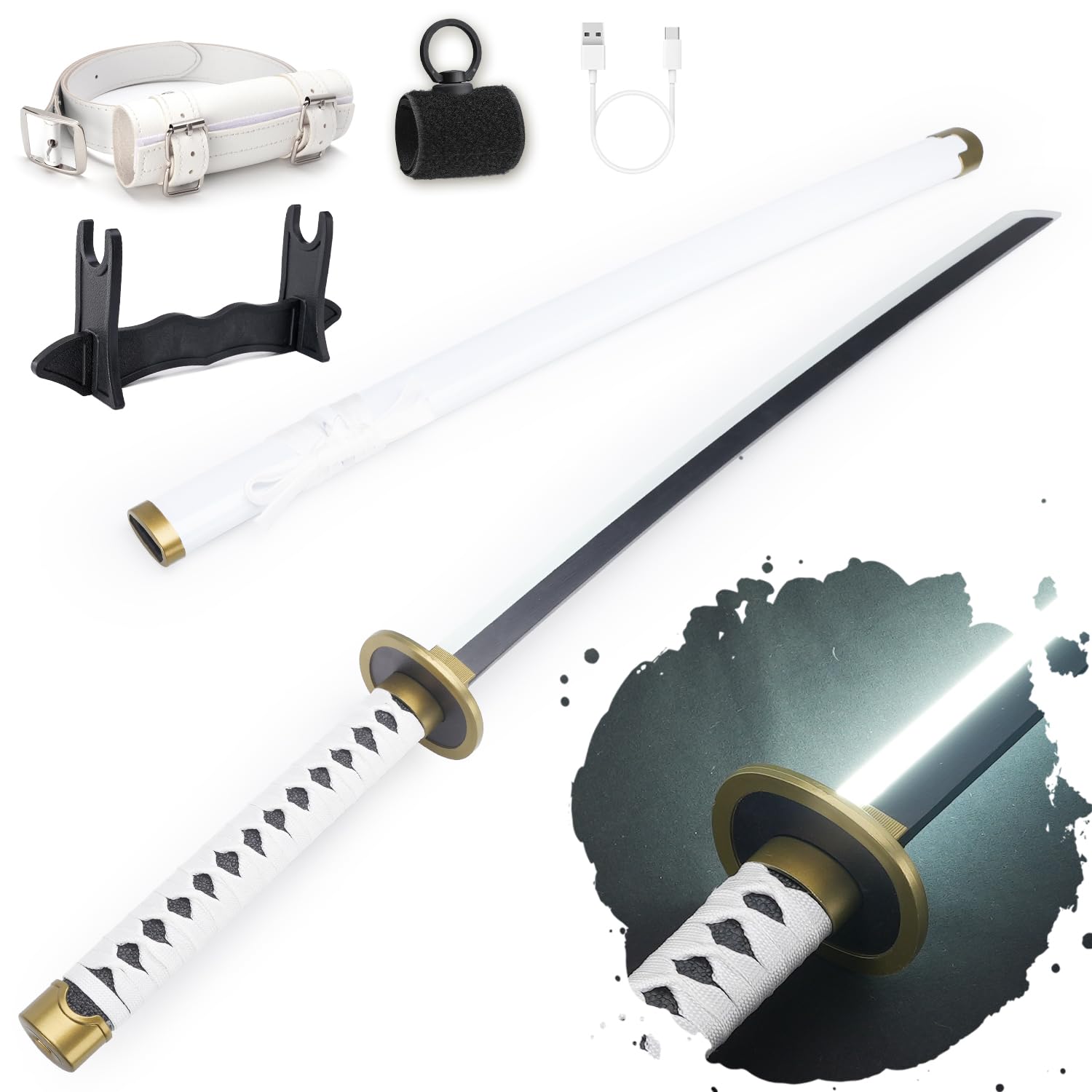 RENGENG Light Up Sword, 40 Inches Rechargeable Pre-Assembled Plastic Replica Anime Sword with Belt & Stand & Spinner