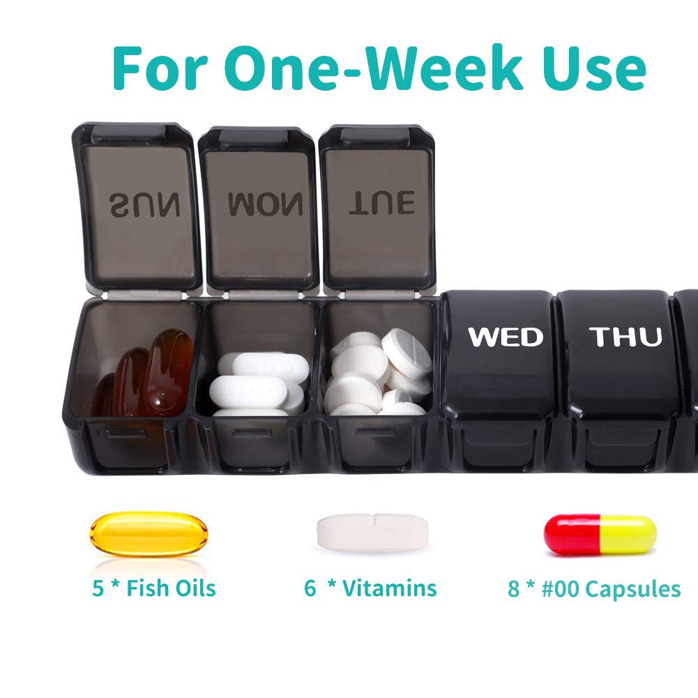 Paquete de 2 pequeños organizadores semanales de pastillas, pastillero diario de bolsillo, caja para píldoras, vitaminas, aceite de pescado, suplementos (negro)