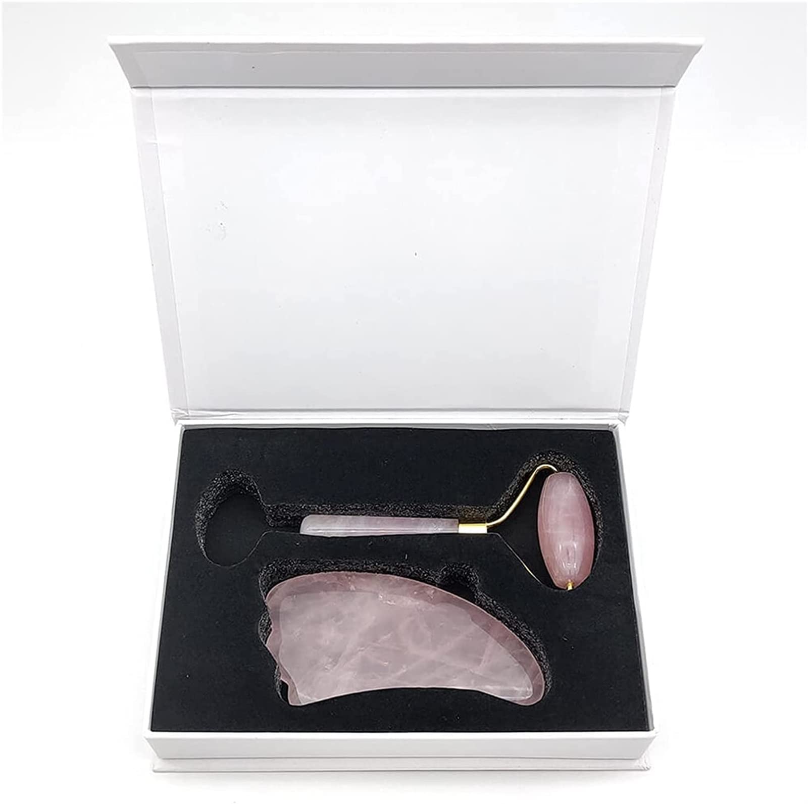 Tablero raspador Gua sha Rodillo de jade de cristal natural Caja de masajeador facial delgado Piel Piedra rosada delgada Guasha Gema Antiarrugas Removedor Gua Sha Juego de regalo Herramienta Juego de