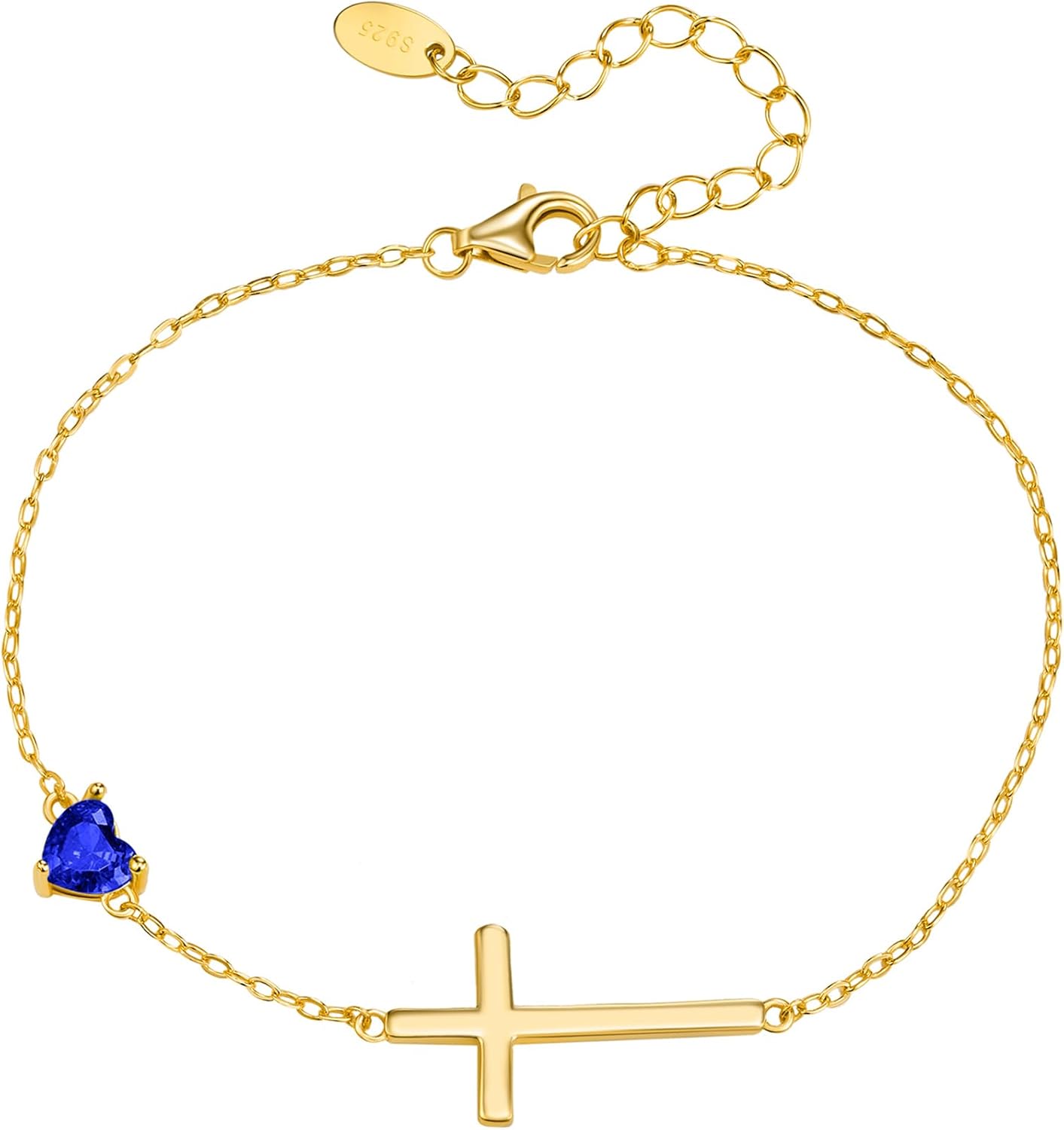 NORBU S925 Cross Bracelet for Women, 18K Gold Plated Sterling Silver Womens Cross Bracelet with Heart Birthstones, Religious Christmas Gift Anniversary Birthday Jewelry for Wife Girlfriend Her