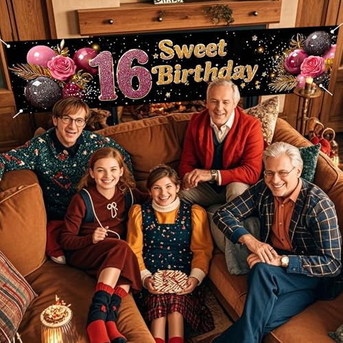 Image of Nuxovilar Sweet 16 Birthday Yard Banner 79x18 Polyester | Party Poster Backdrop Sign Sweet 16 Decor Large Birthday Backdrop Fence Yard Walls (Sweet Sixteen)