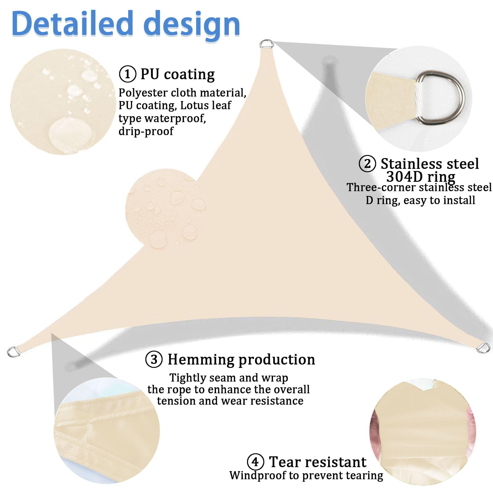 Tenda a Vela Triangolare, Vela Ombreggiante Triangolare Impermeabile con Kit di Fissaggio Corda, Tenda da Sole Telo Parasole Ombreggiante per Giardino Patio Piscina-Creamy-white||3x4x5M