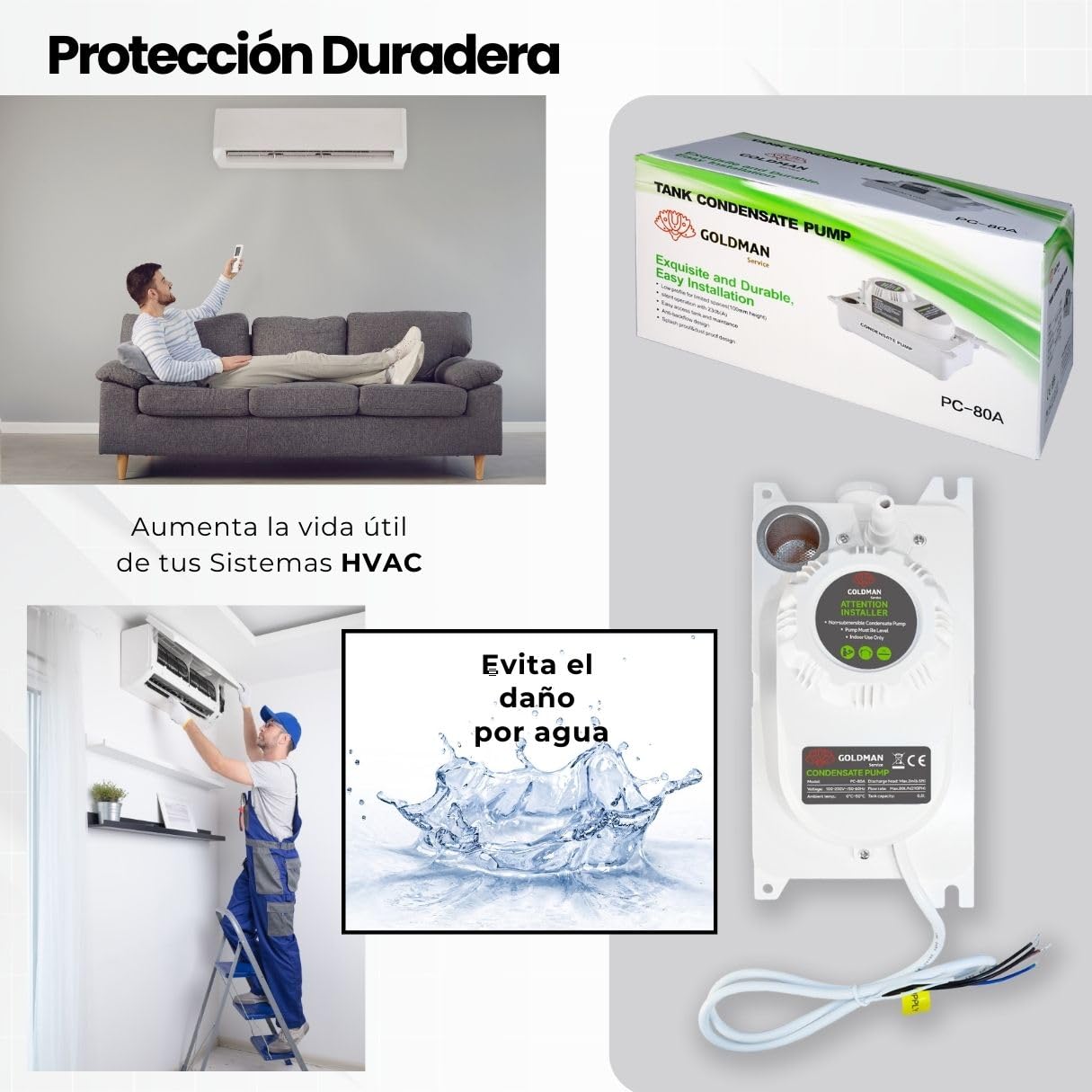 GOLDMAN SERVICE | Bomba de Condensado Automática Silenciosa para Drenaje y Desagüe de Agua de Aire Acondicionado | Flujo 80 Litros/Hora