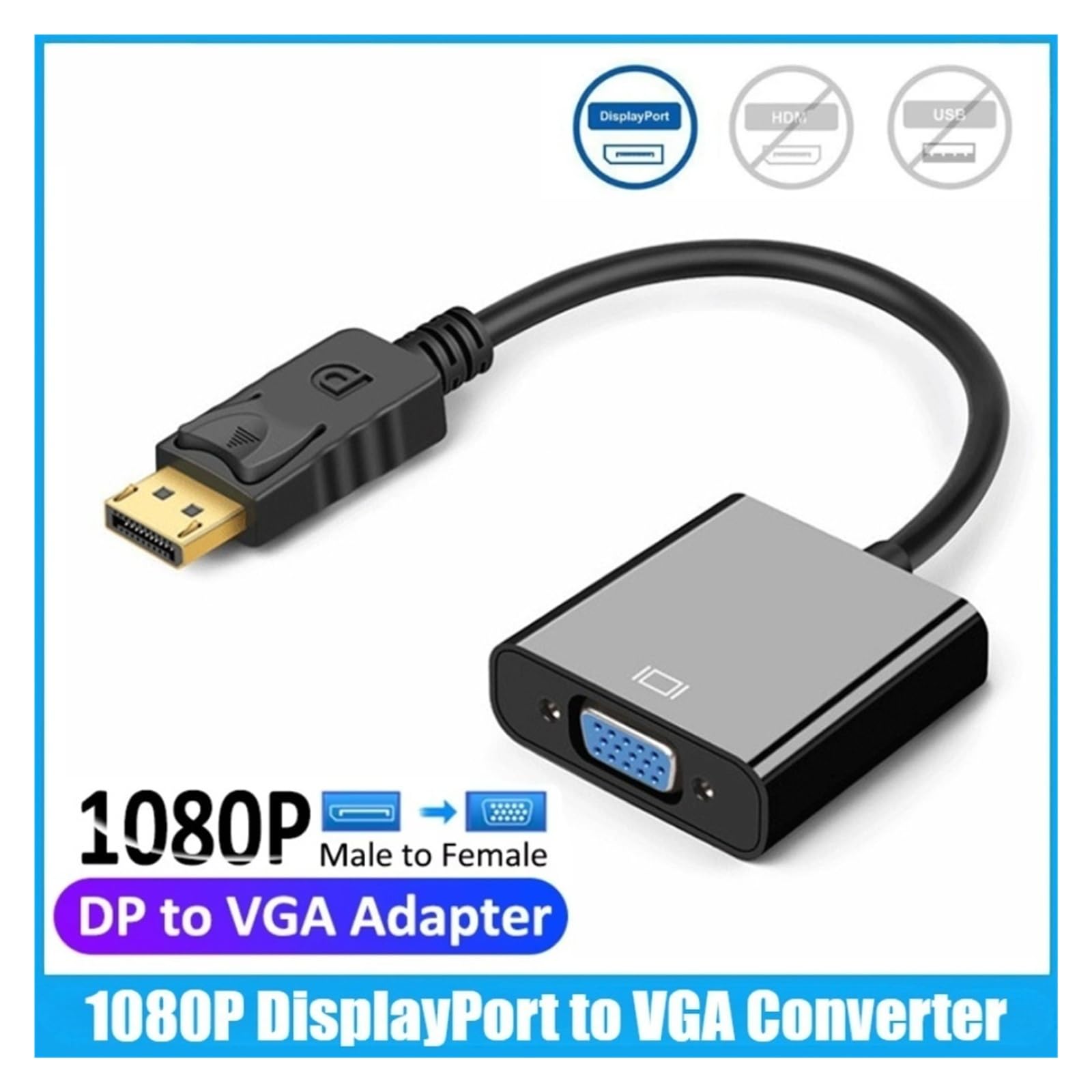 Adapter 1080P DP do VGA pozłacany męski na żeński do komputera, laptopa, projektora, monitora, (czarny)