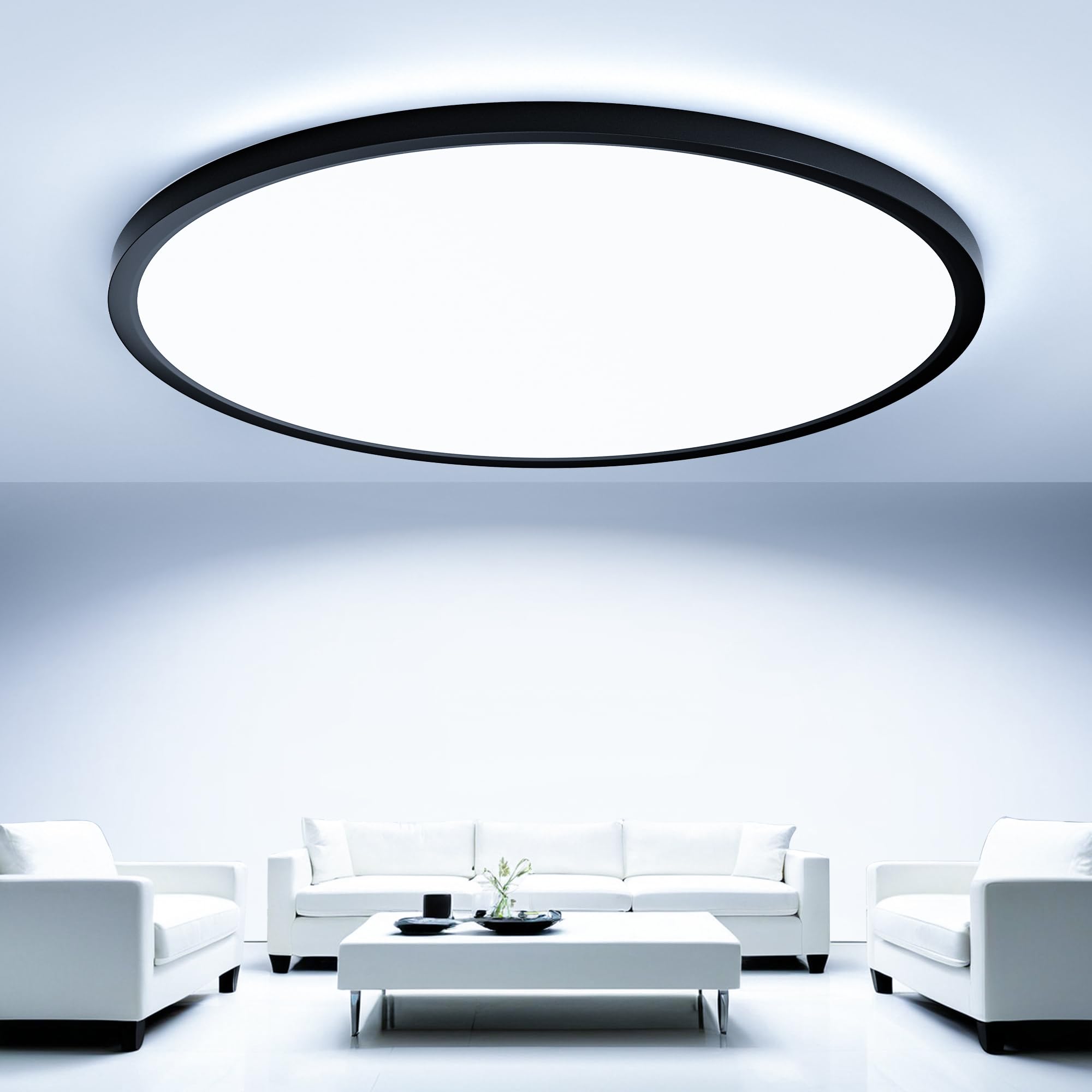 OTREN Plafonnier LED 52W, 5200LM Moderne Rond Luminaire Intérieur, IP44 Etanche Lumière de Salle de Bain, Ultra Mince Noir Lampe de Plafon pour Salon Chambre Cuisine Bureau, Blanc Froid 6500K, Ø50cm