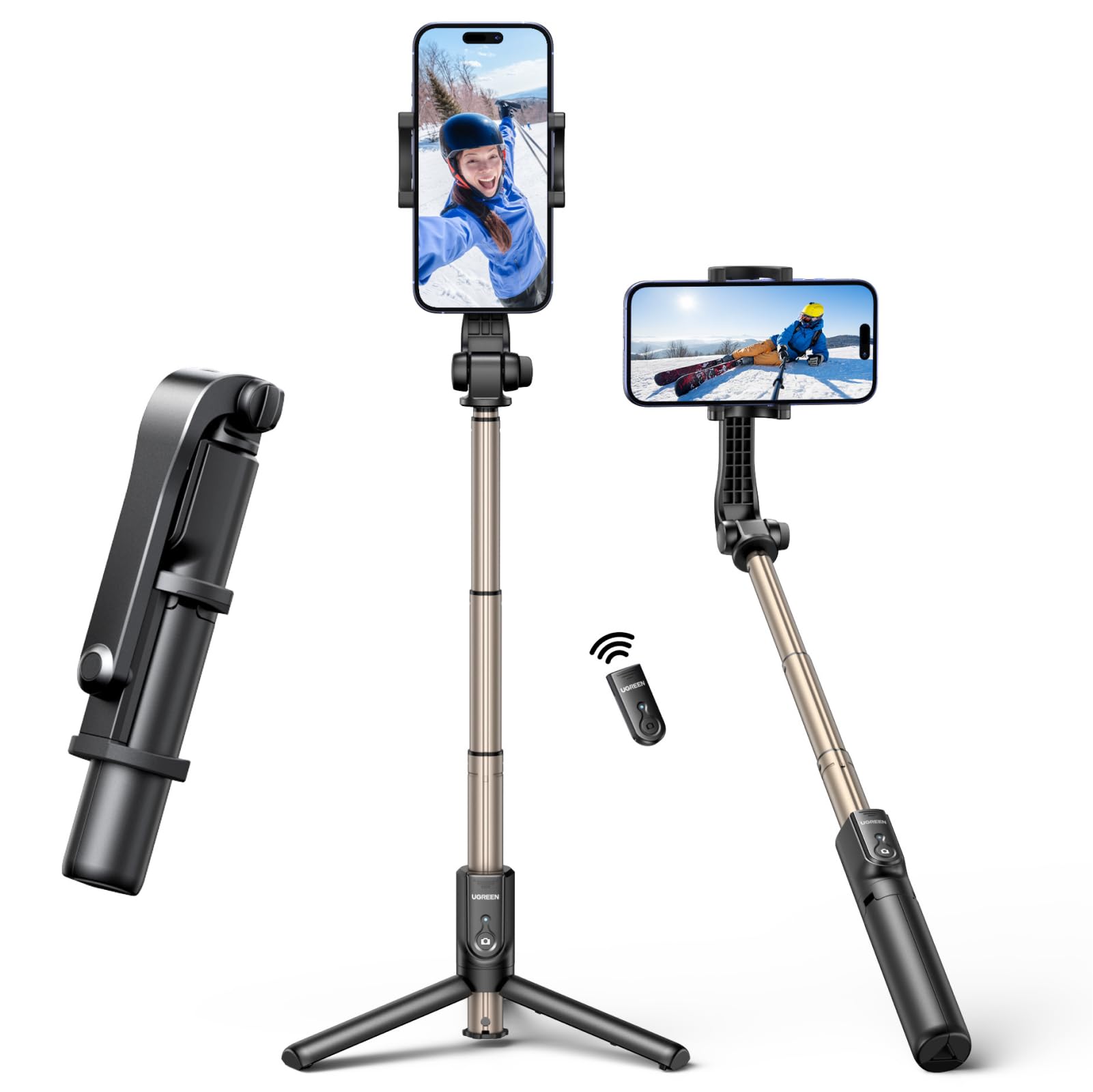 UGREEN Selfie Tripod 90cm Compact and Portable Tripod for iPhone with Remote Bluetooth All in One Selfie Stick Stable Lightweight Selfie Stix for Travel/Taking Group Photos/Live/Video Recording