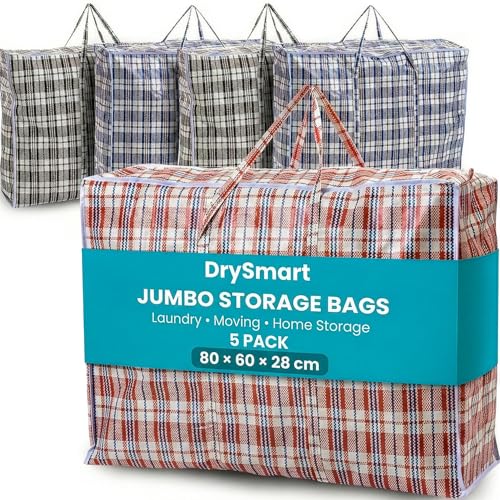 DrySmart 5 Pack Jumbo Storage Bags with Zips (80cmX60cmX28cm) Durable Waterproof Reusable Laundry Bags for Clothes Wardrobe Laundry Organization Moving & Home Storage