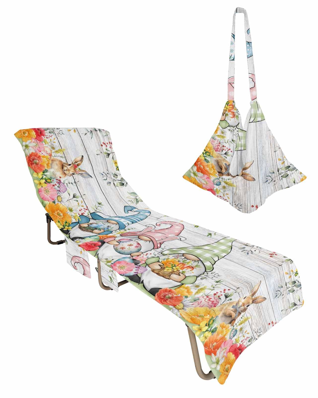 Spring Easter Beach Lounge Chair Towel Cover, Soft Chaise Lounge Towel with Side Pockets Patio Pool Chairs Cover for Beach/Pool Sunbathing 29x85 Gnomes Floral Botanical Eggs Vintage