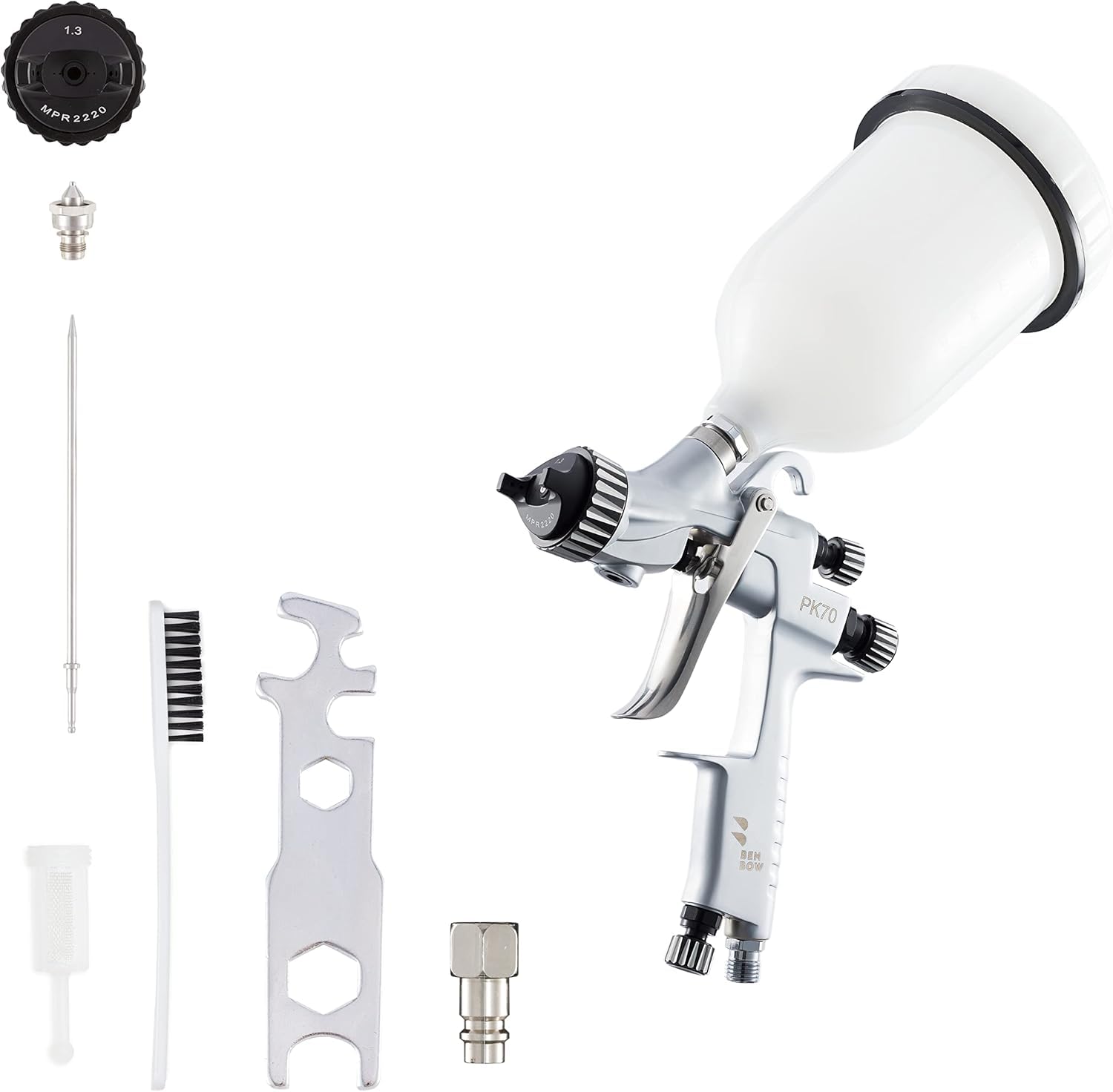 BenBow Farbspritzpistole mit Düsen-Set 1,3 + 2,0 mm - PK70 MP - Spritzpistole Kit mit 600 ml Plastikbecher - 1