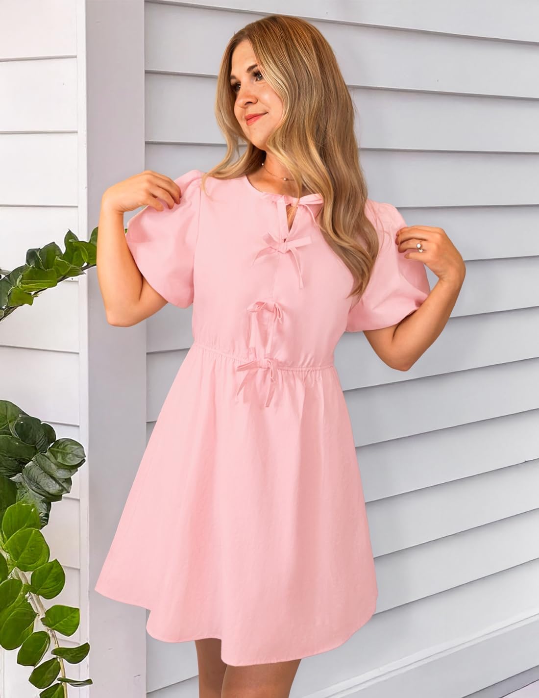 ZESICA Women's Summer Short Sleeve Tie Front Mini Dress Cute Babydoll Ruffle Pleated A Line Tunic Dresses - Image 5