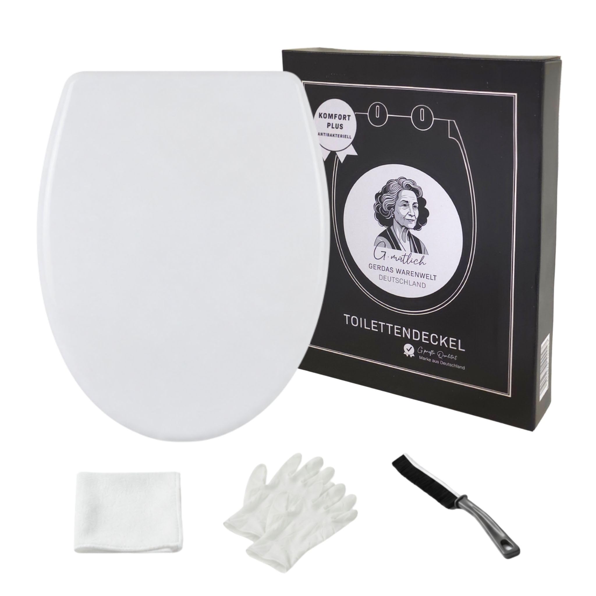 Antibakterieller Toilettendeckel Urea-Duroplast mit Absenkautomatik, WC-Sitz abnehmbar weiß oval, Inkl. Erstmontage Reinigungskit (Komfort Plus)