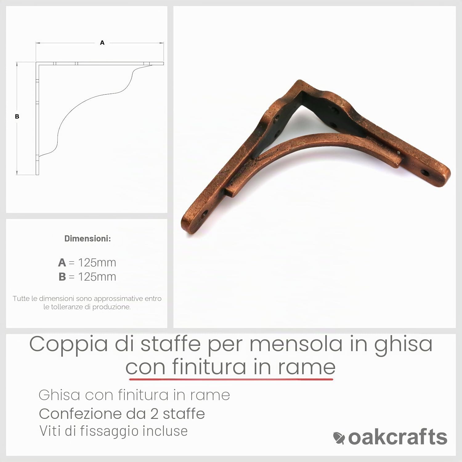 Oakcrafts Coppia di staffe per mensole in ghisa anticata con finitura in rame (125 mm x 125 mm)