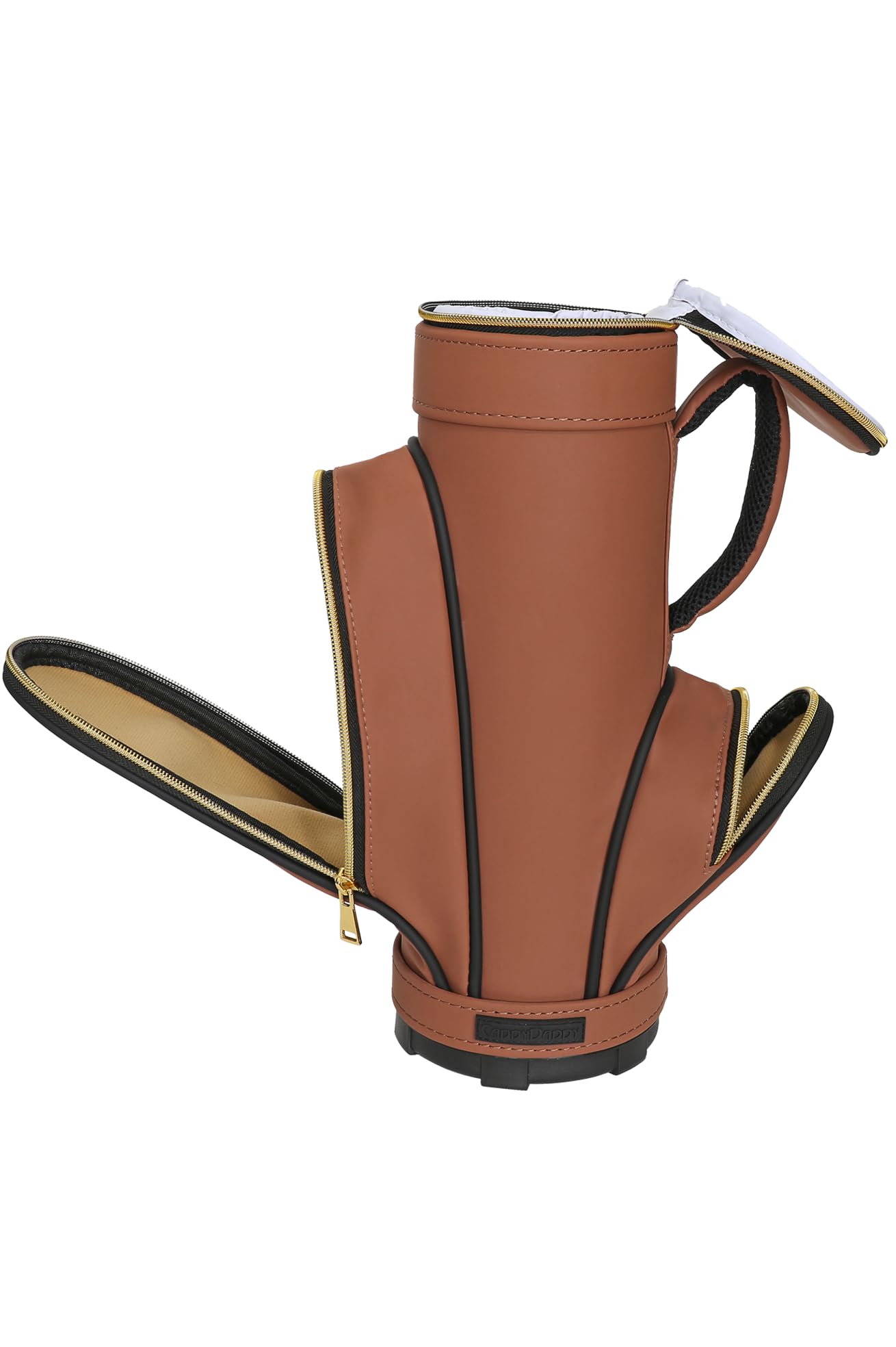 Caddy Daddy The Fore Vino Champagner- oder Wein-Golftaschenkühler, isolierter, gepolsterter Griff, tragbar und reisefreundlich, 1 Golfball-Weinverschluss, 100 % Kunstleder (Braun, Marineblau) (L x B x