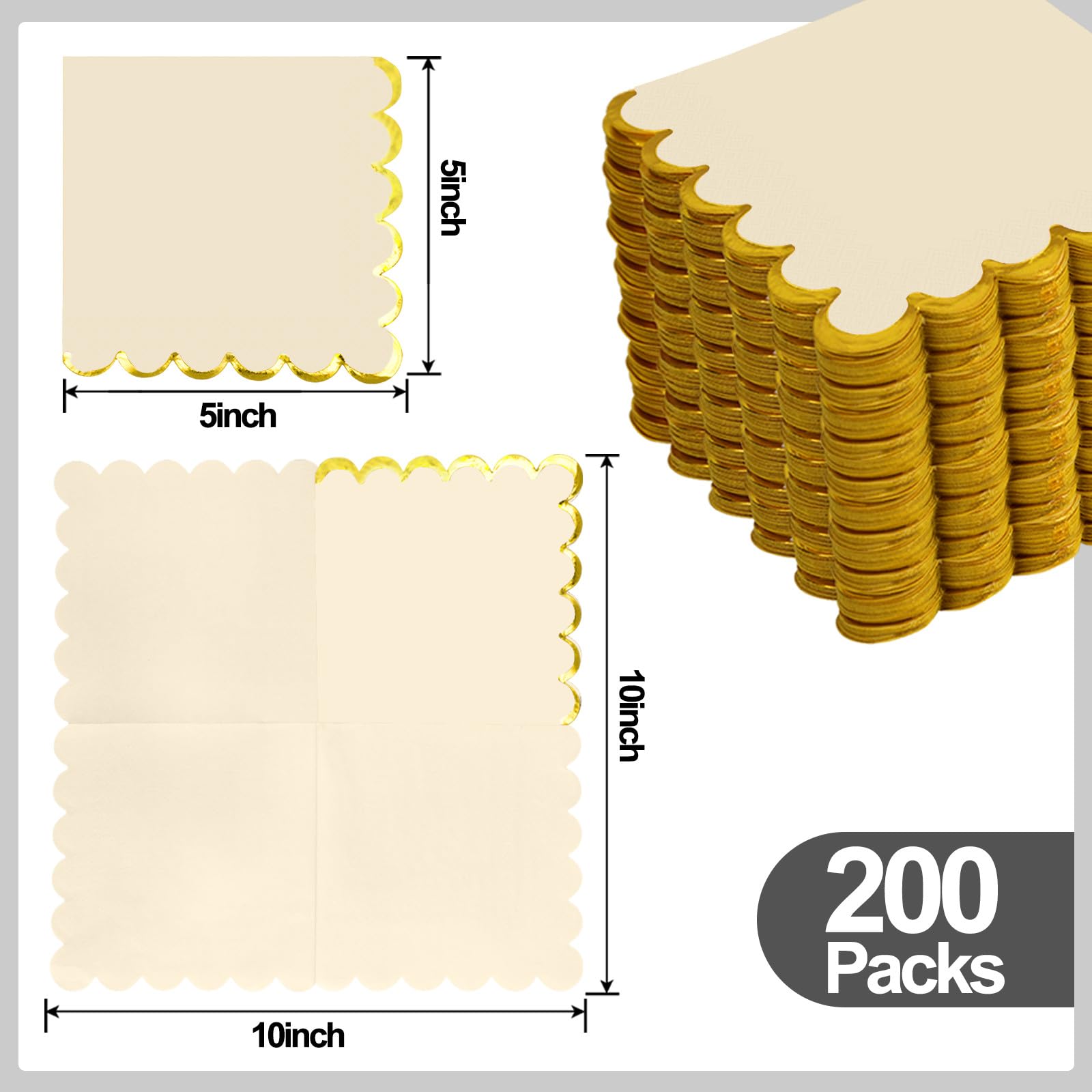 Paquete de 200 servilletas de papel beige y dorado, servilletas de cóctel festoneadas, servilletas desechables para cumpleaños, baby shower, boda, fiesta, vajilla, decoración de vajilla