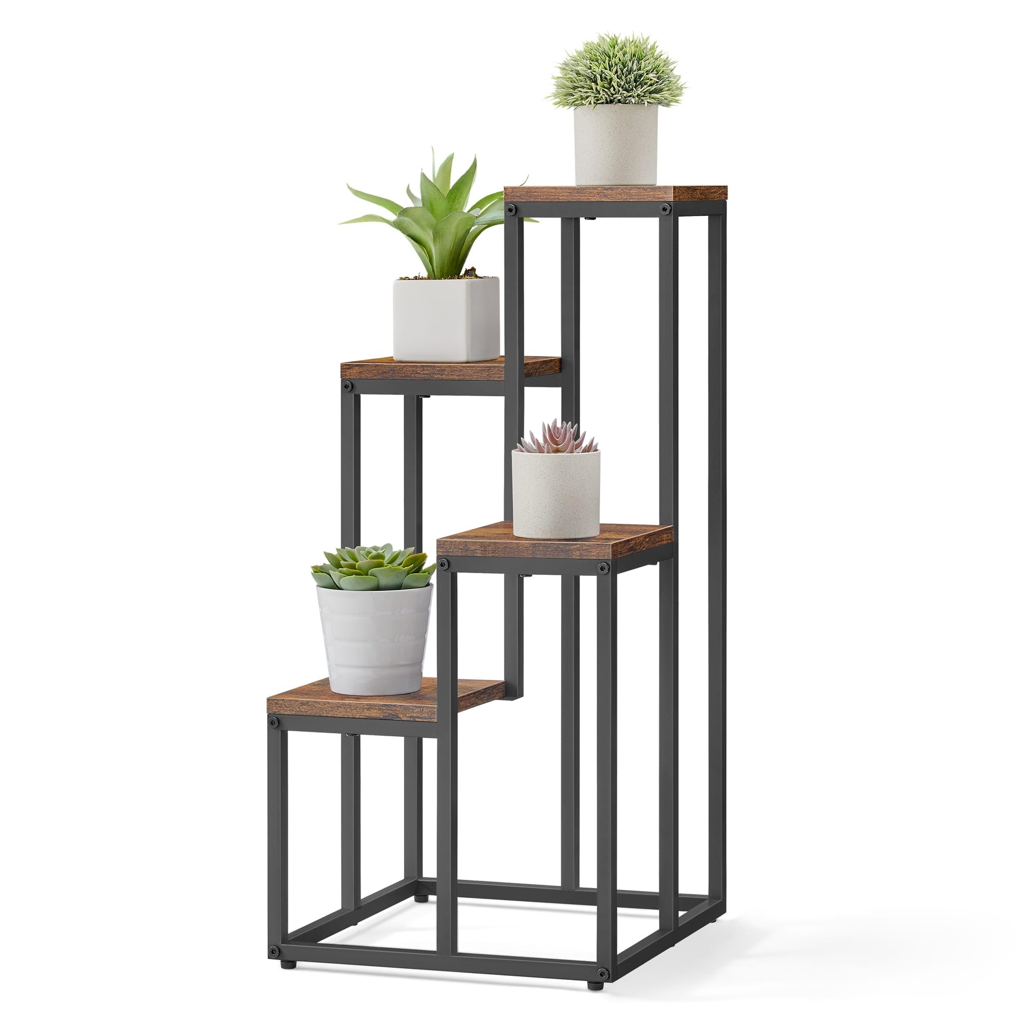 Étagère à pot de fleurs à 4 niveaux rustique avec pieds noirs – Idéal pour le salon, la chambre à coucher, le couloir ou le bureau Support de plantes de style loft avec cadre en acier pour plus de